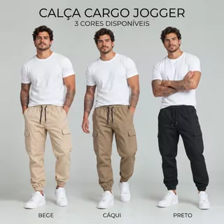 Kit 3 Calça Cargo Masculina Jogger Sarja Streetwear Com Punho e Cordão 34 ao 44 + 3 Cores