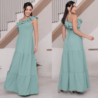 vestido feminino  longo Luxo 3 Maria com Babada na Manga e Lastex nas Costas Com Bojo alça regulável em Oferta na Shopee