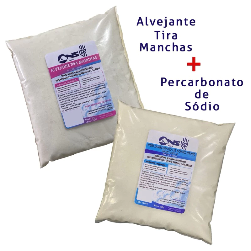 Dois pacotes de 1kg cada da marca ANS Agrária: um Alvejante Tira Manchas e um Percarbonato de Sódio 99,9% em micro cristais.