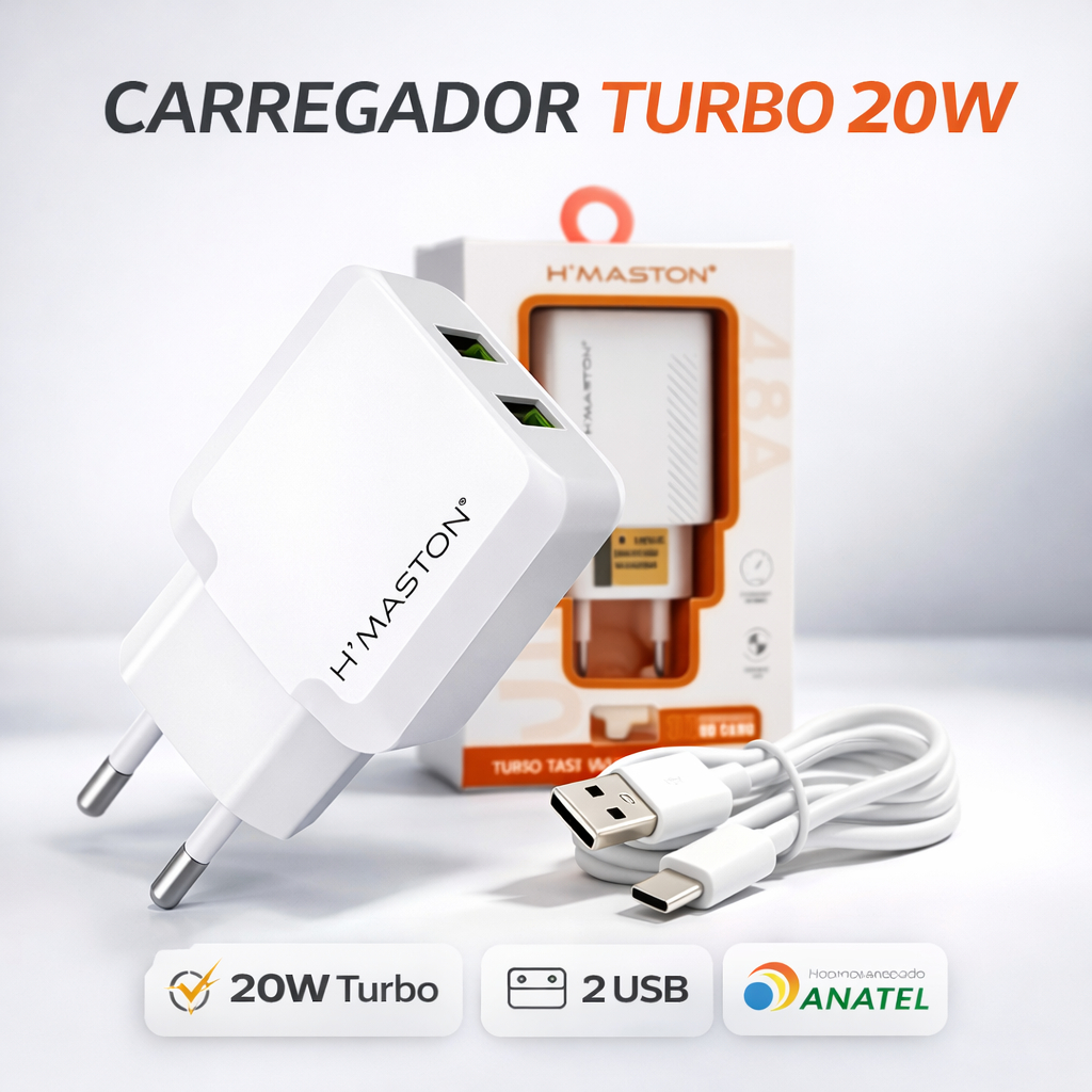 Carregador Tipo C Turbo 4.8A 2 USB Bivolt Com Cabo 1M Anatel H’Maston ...