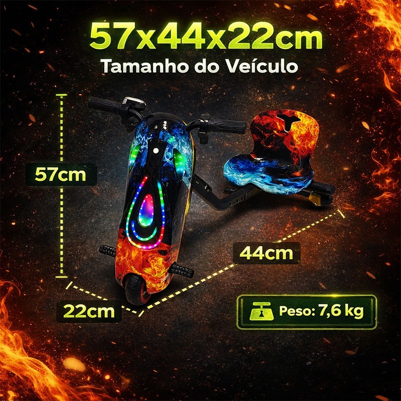 VYRON Triciclo Elétrico Drift 8” 36V 250W com Bluetooth /Led