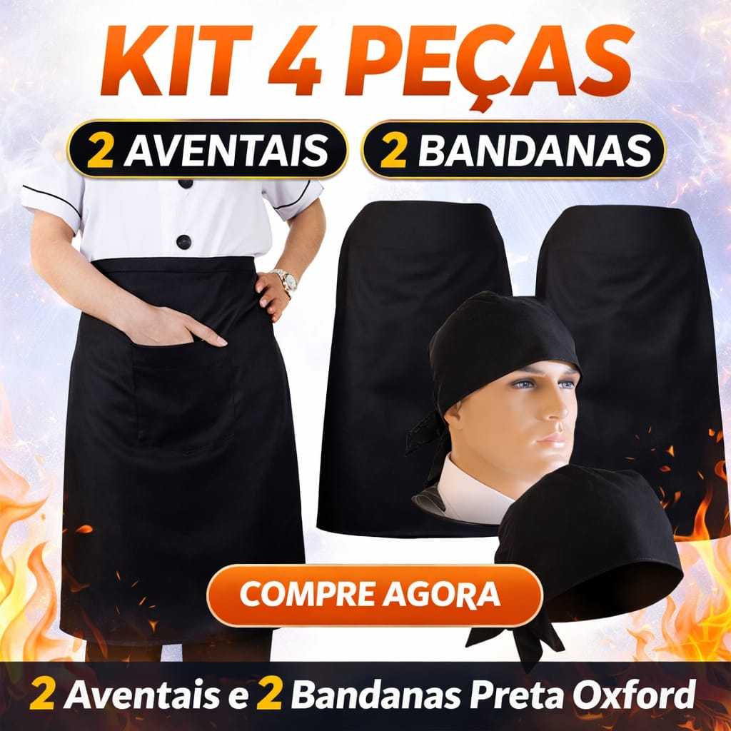 Kit 2 Aventais Oxford Preto + 2 Bandanas Profissionais Uniss