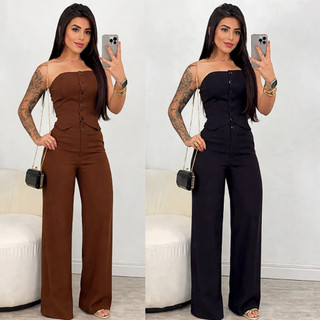 Conjunto Alfaiataria Cropped Tomara que Caia Social Elegante Calça Pantalona Blusa Elástico Lastex Botão Verão Feminino