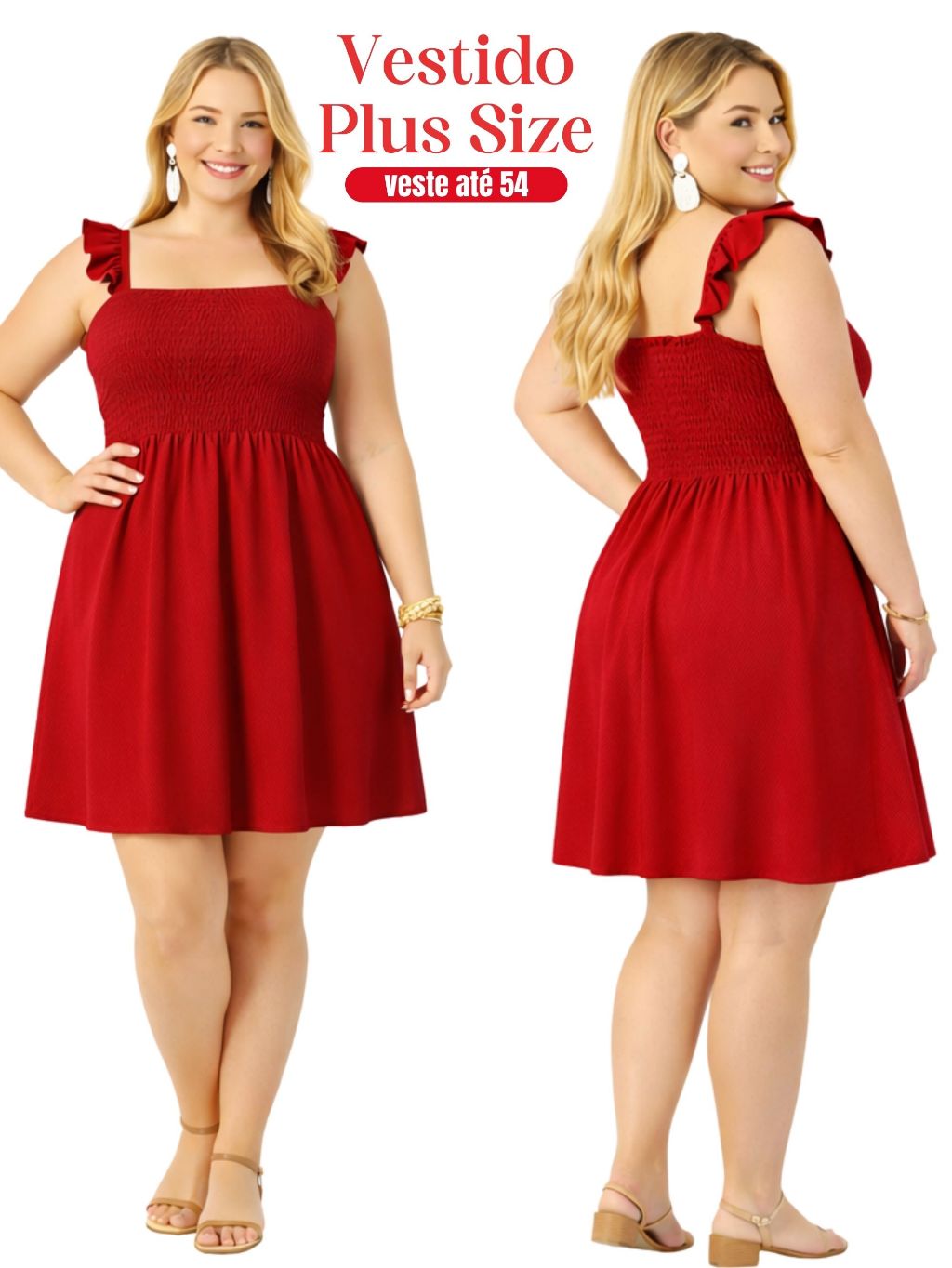 Vestido Curto Plus Size Vermelho Tendência Alcinha Babado com Lastex Caimento Perfeito Moda Verão veste até 54