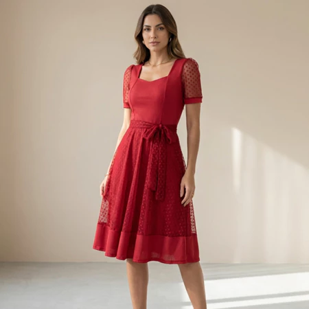 Vestido Mídi Godê Tule Feminino Moda Evangélica