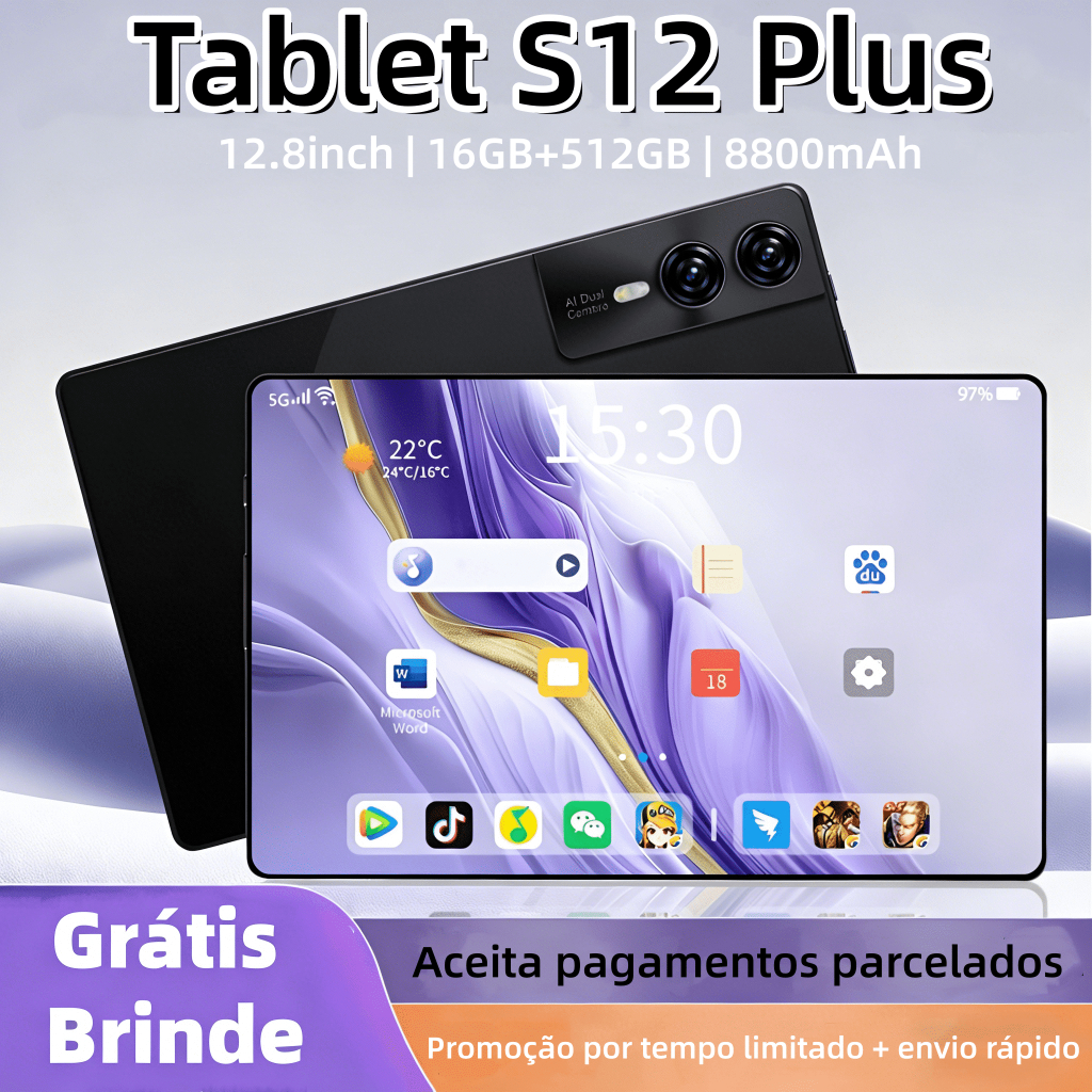 Tablet S12 Plus 16 GB + 512 GB, 12,8 polegadas, bateria de 8.800 mAh ...