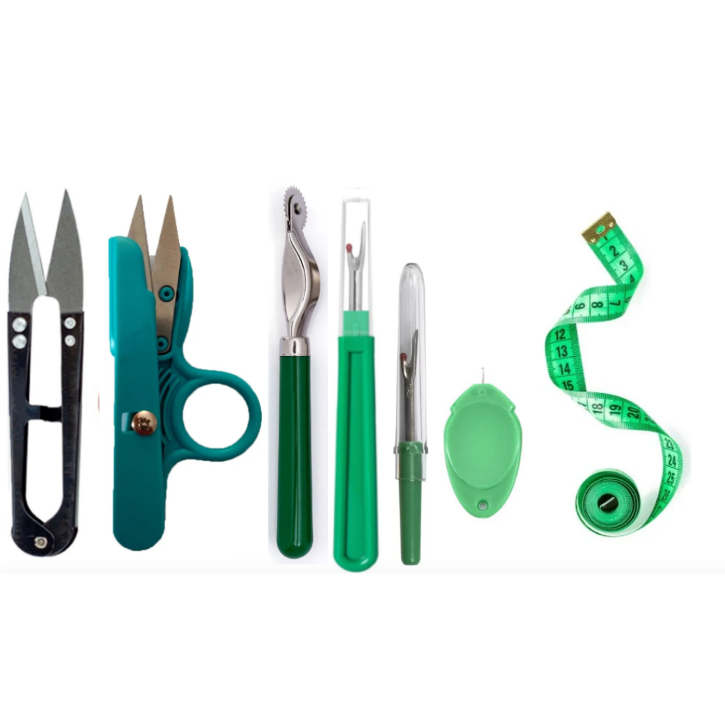 Kit Completo de Costura Profissional – Tesouras de Arremate + Passa Linha + Fita Métrica + Abridores + Carretilha
