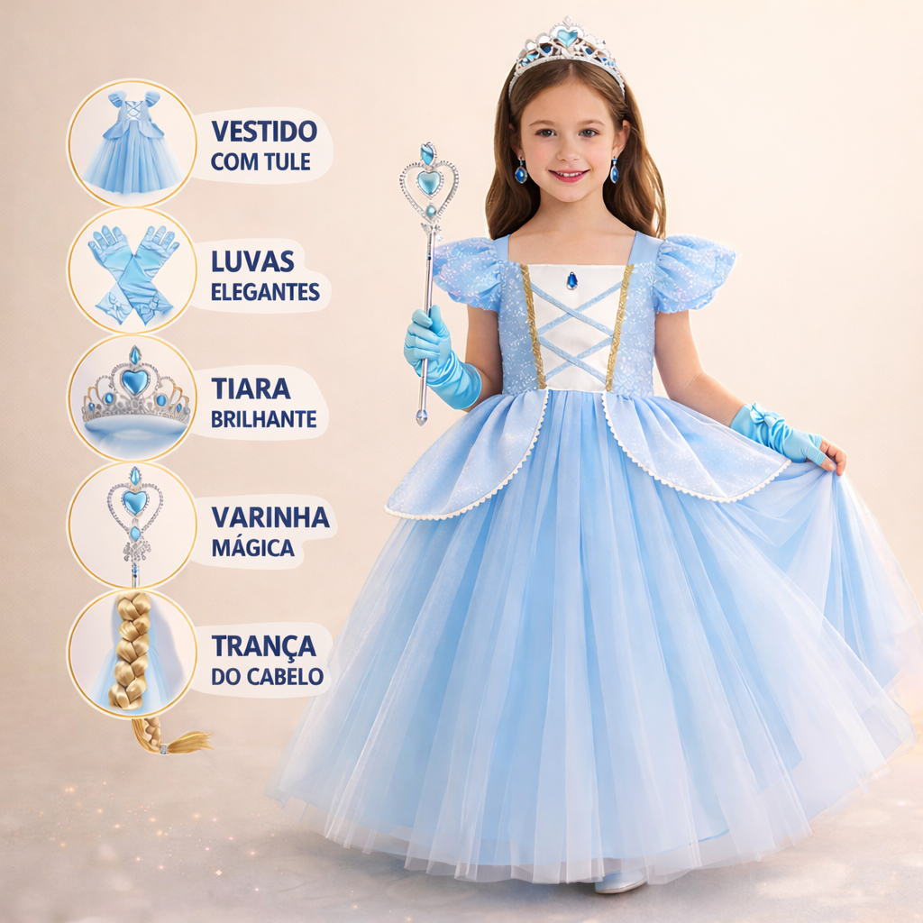 Fantasia Princesa Cinderela Infantil Luxo + Kit Completo Vestido Tiara ...
