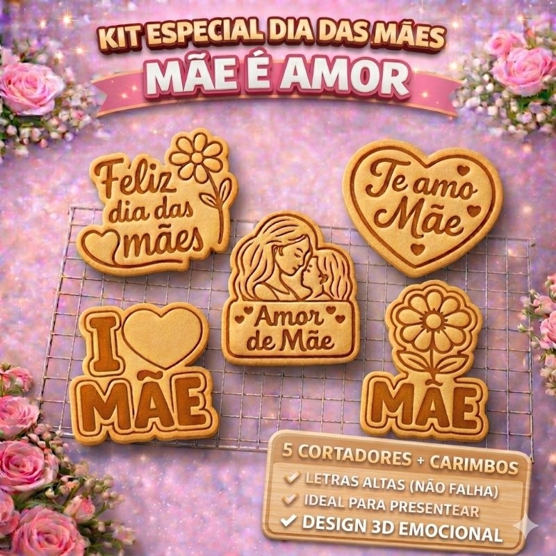 kit Cortador de Biscoito Dia das Mãe com Carimbo Molde 3D, 5