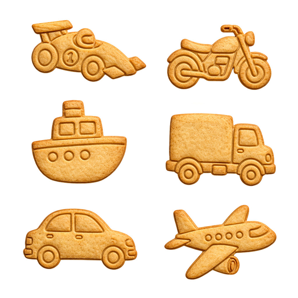 Kit 6 Cortador Marcador Cookie Biscoito Carro Avião Moto