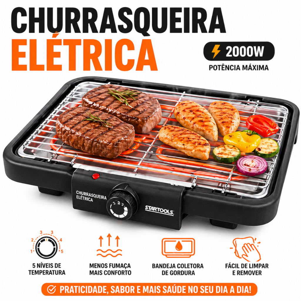 Churrasqueira Elétrica 2000W Grill Sem Fumaça Grelha Removível 127V ...