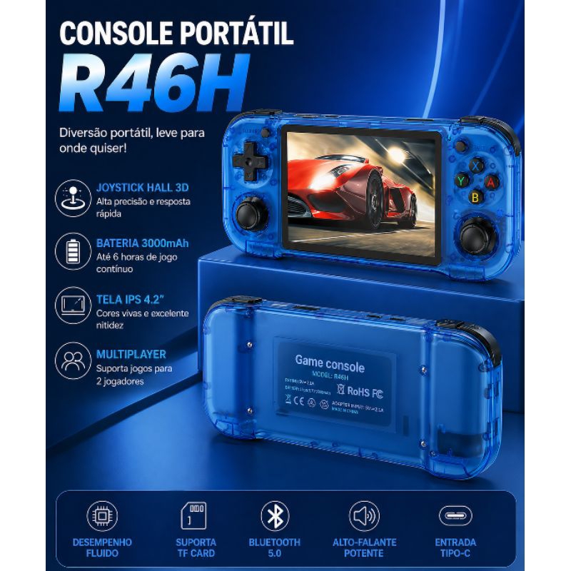 Console Portátil R46H Tela IPS 4.2 3000mAh Bluetooth WiFi Jogos Retro ...