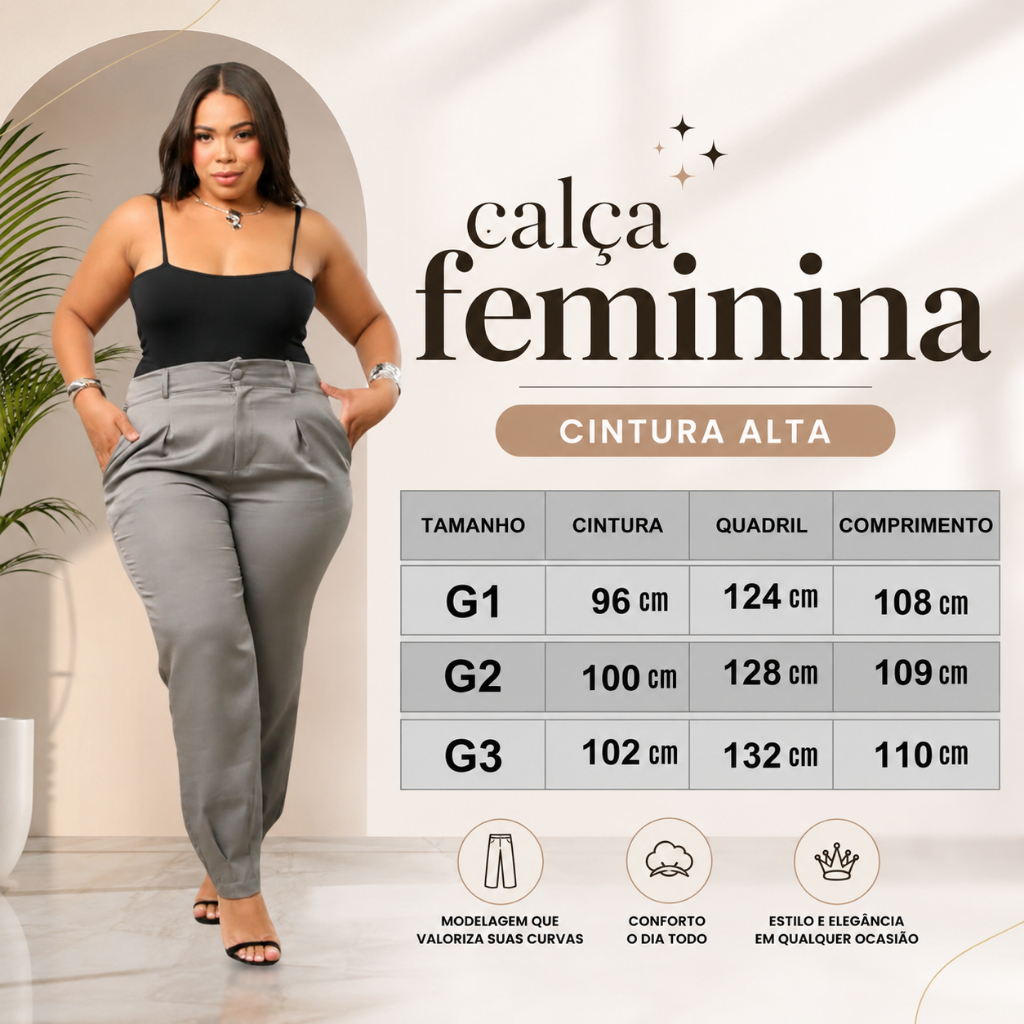 Calça Cenoura Plus Size Feminina Alfaiataria Cintura Alta Social