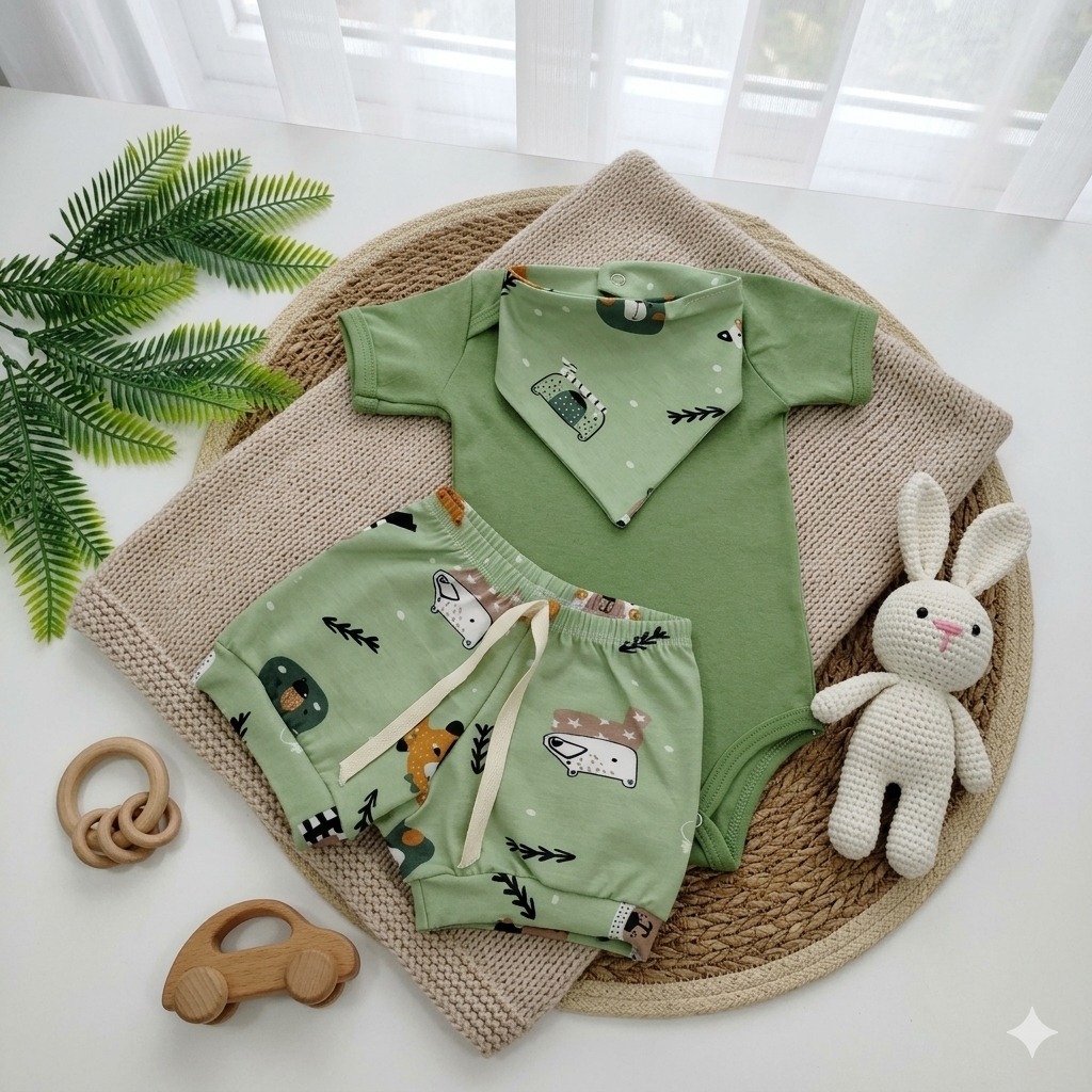 Conjunto Bebê 3 Peças Body Manga Curta Short Estampado com Cordão Babador Bandana Roupa Infantil | Shopee Brasil