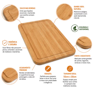 Tábua para Corte Bambu 50x30 MOR Antibacteriana Churrasco Cozinha Carne Legumes Grande