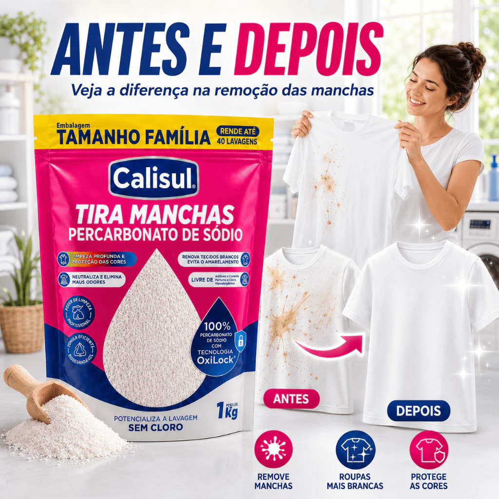 Percarbonato de Sódio Calisul 100% Puro Tira Manchas Alvejante Sem Cloro Roupas Brancas 1kg 2kg 3kg - Imagem 2