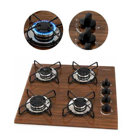 Fogão Cooktop Gás 4 Bocas Ultra Chama Chamalar 127v 220v Amadeirado Escuro