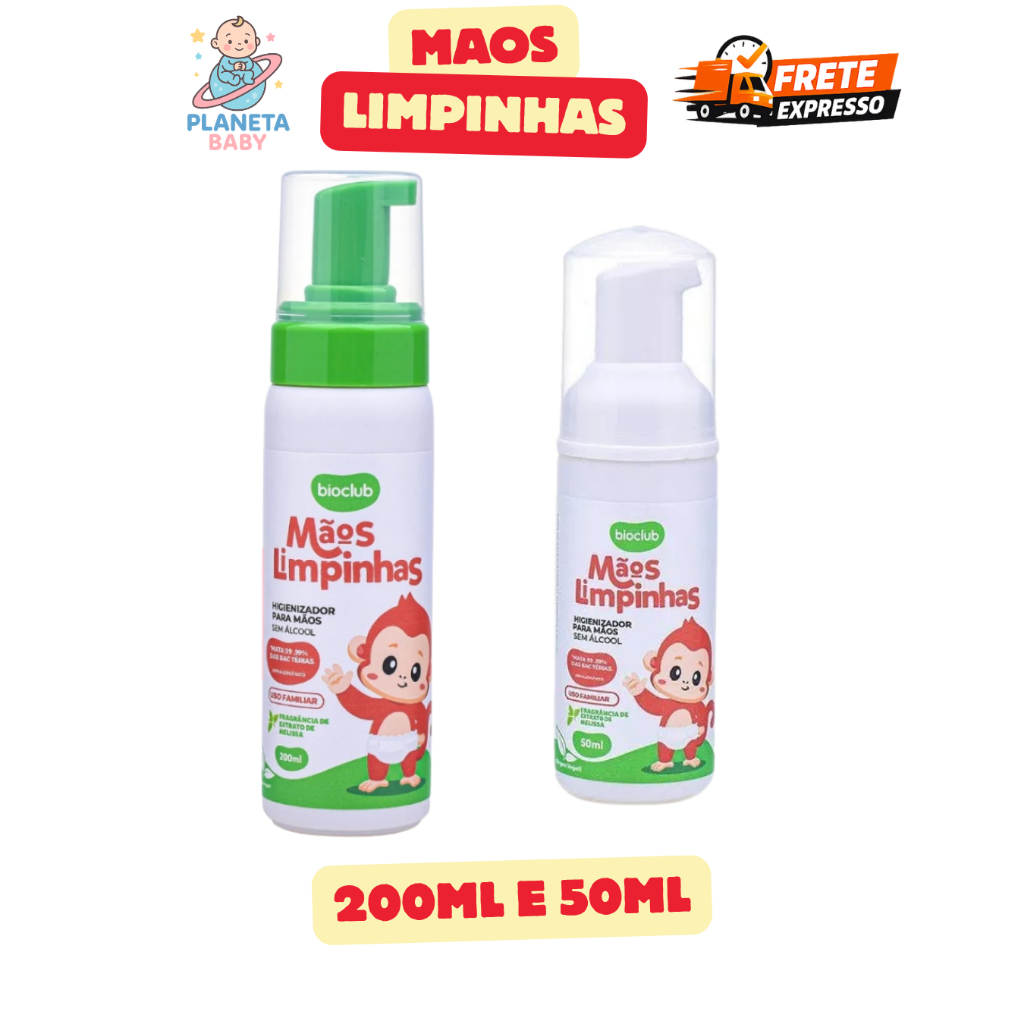 Kit Higienizador de Mãos Bebê sem álcool 200ml + 50ml Bioclub
