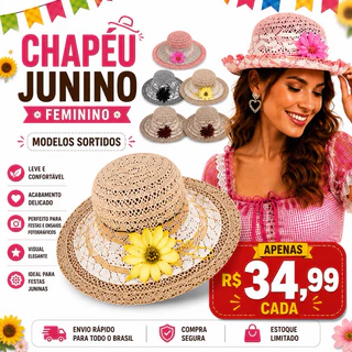 CHÁPEU JUNINO FEMININO MODELOS SORTIDOS FESTA JUNINA