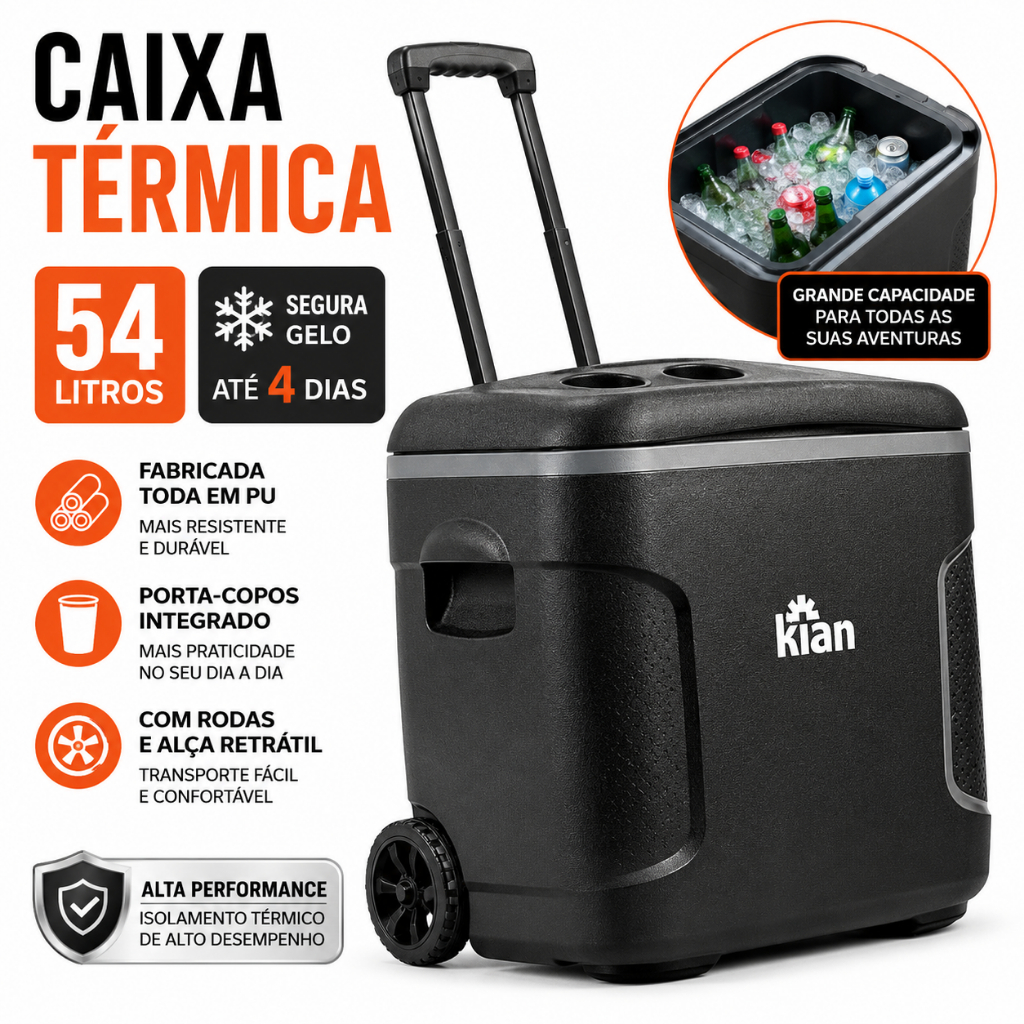Caixa Térmica Kian 54 Litros Com Rodas Alças Porta Copos Conserva