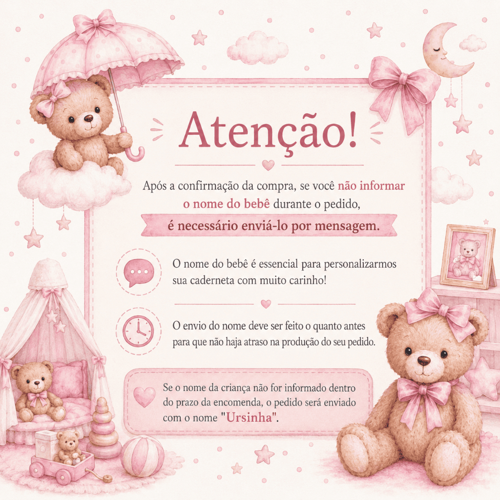 Caderneta de Vacinação do bebê Personalizada com Nome - Ursinho Rosa Menina