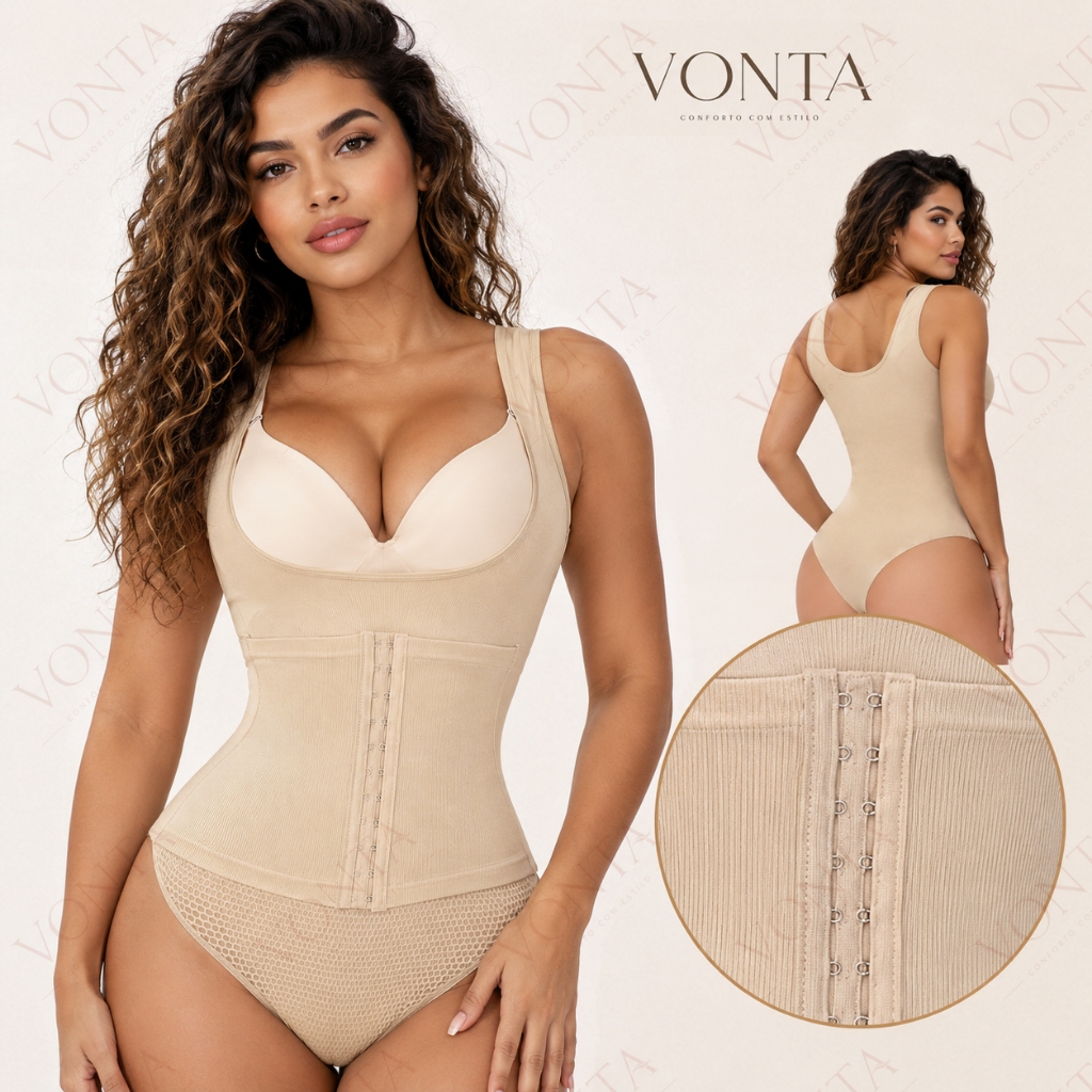 Body Modelador Feminino Cinta Abdominal Alta Compressão Fecho Frontal Alças Largas Modela Cintura VO