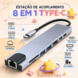 Hub USB-C 8 em 1 Adaptador Tipo C HDMI 4K USB 3.0 RJ45 SD TF PD 100W Docking Station | UnicoVida