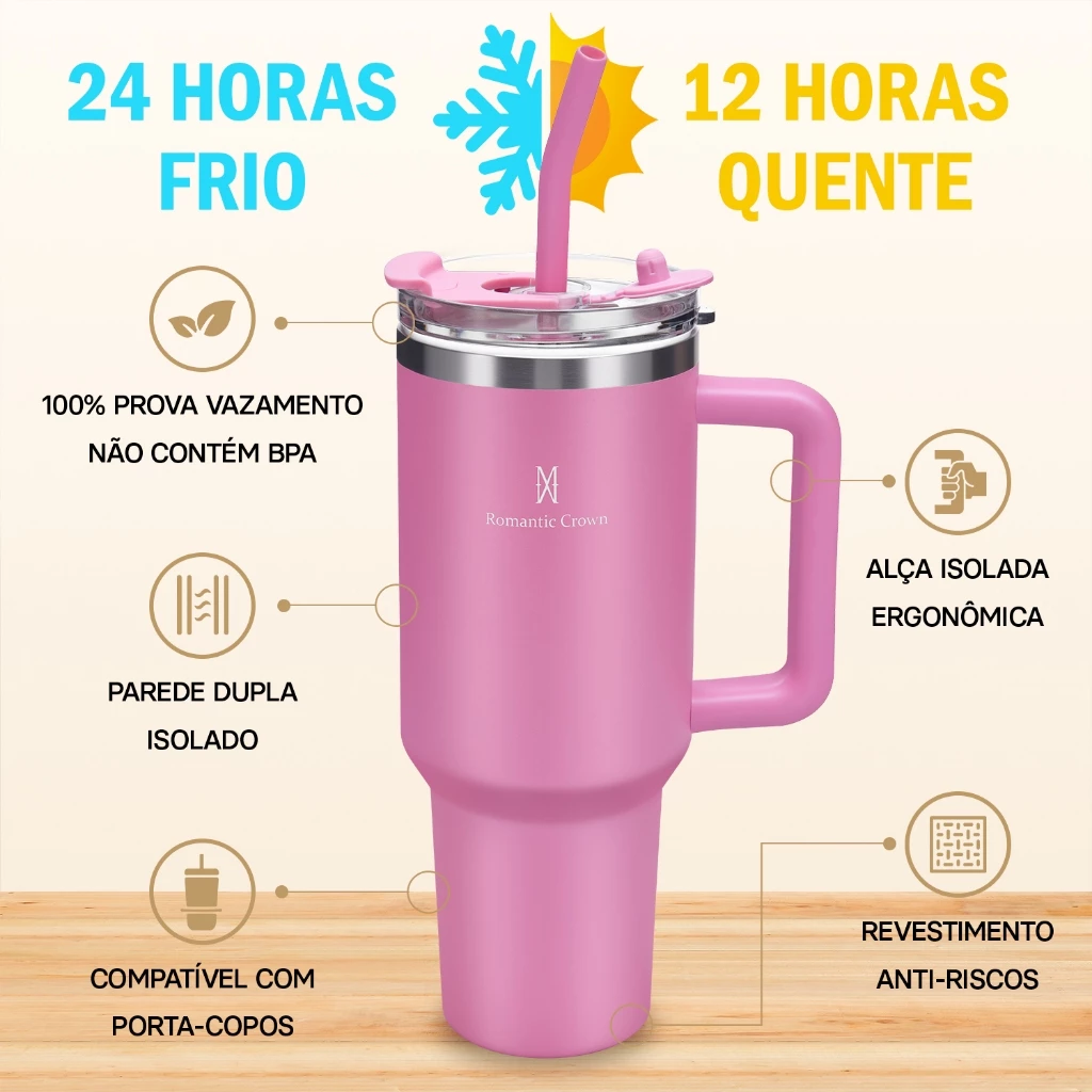 ROMANTIC CROWN Copo Térmico Inox Portátil 1200ml/600ml com Tampa e Canudo Garrafa Térmica Inoxidável - Imagem 2