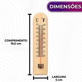 Termômetro Analógico de Madeira 19,5cm Para Parede Medidor de Temperatura Interna Externa