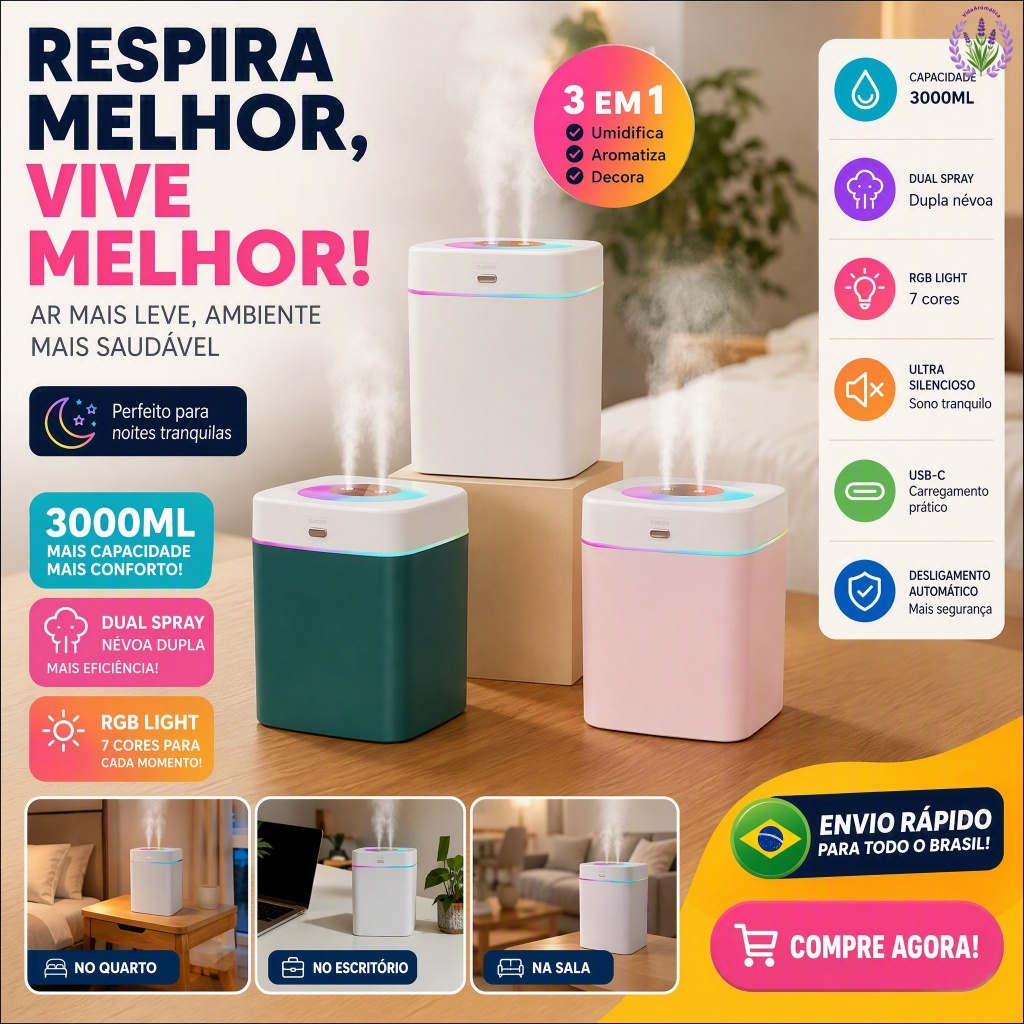 Umidificador de Ar Grande 3000ml Saída Dupla de Névoa Névoa Regulável ...