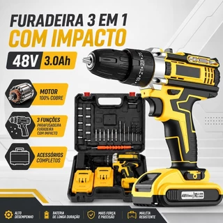 Parafusadeira Furadeira de Impacto 48V Sem Fio 2 Baterias 3 Funções com Maleta e Acessórios Kit Completo