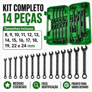 Kit Jogo De Chave Combinada 8 A 24mm Boca Estrela Aço Cromo Profissional Maleta 14 Peças
