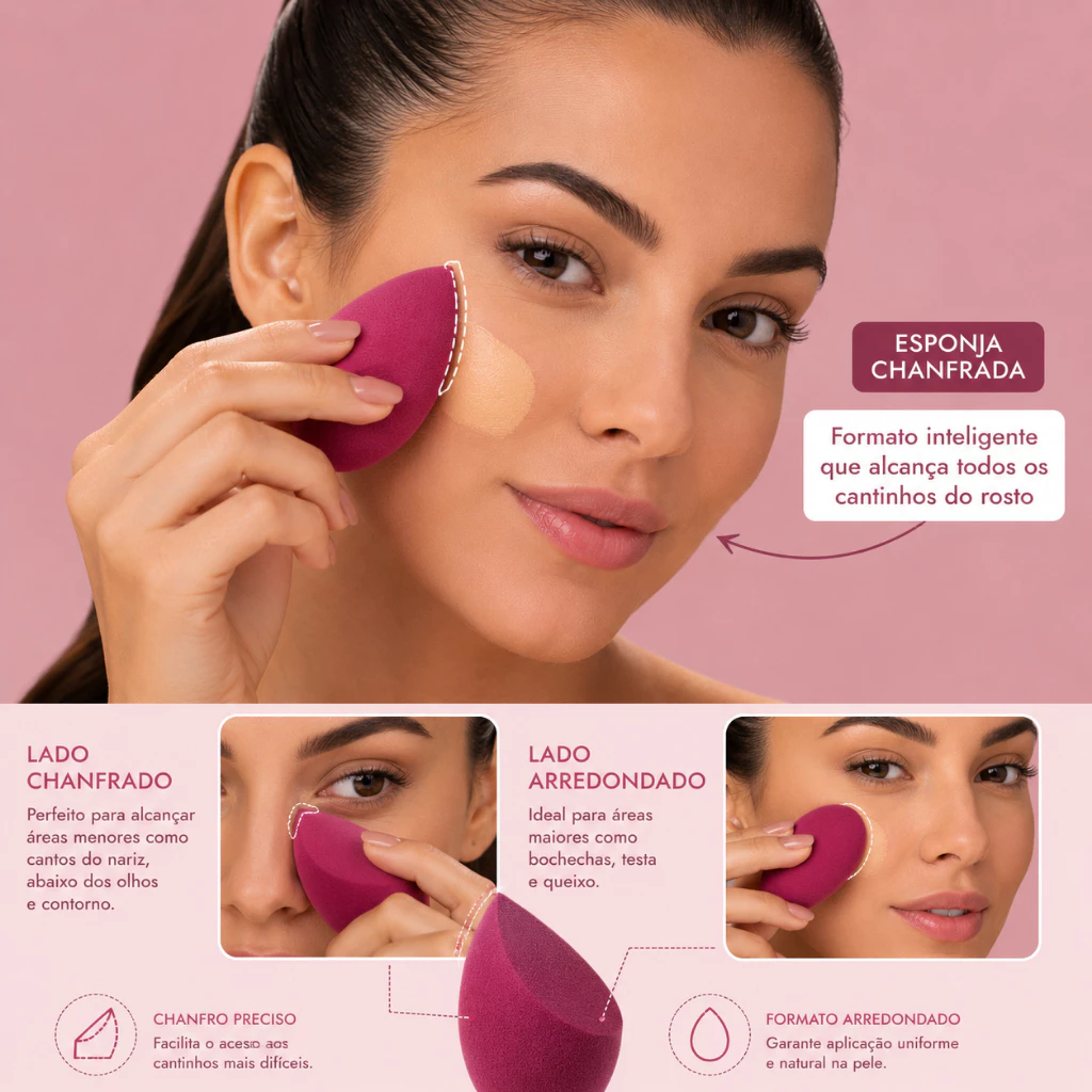 Kit Esponja Maquiagem Chanfrada Cherry Beauty Blender Profissional Base Corretivo Pó Acabamento