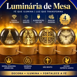 Luminária Mesa Bola de Cristal Catolica Base Madeira Bivolt com Luz LED 3d Decorativa