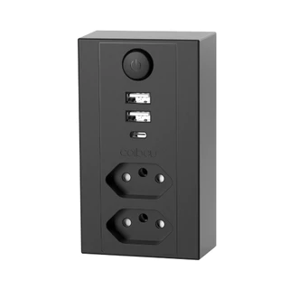 Adaptador Tomada Extensão 2 Tomadas Padrão BR + 2 USB + Type-C, Interruptor Geral, Proteção Infantil, 2200W