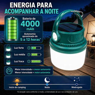 Lampião LED Multifuncional Solar USB 5 Modos 4000mAh Até 12H Alto Brilho para Camping e Pesca
