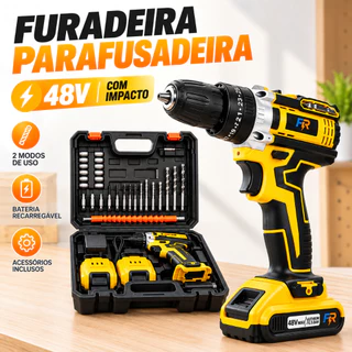 Parafusadeira Furadeira Sem Fio 48V Lítio Kit Maleta Acessórios Luz LED Uso Doméstico