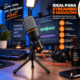 Microfone Condensador Profissional USB P2 com Tripé Estúdio PC Streaming