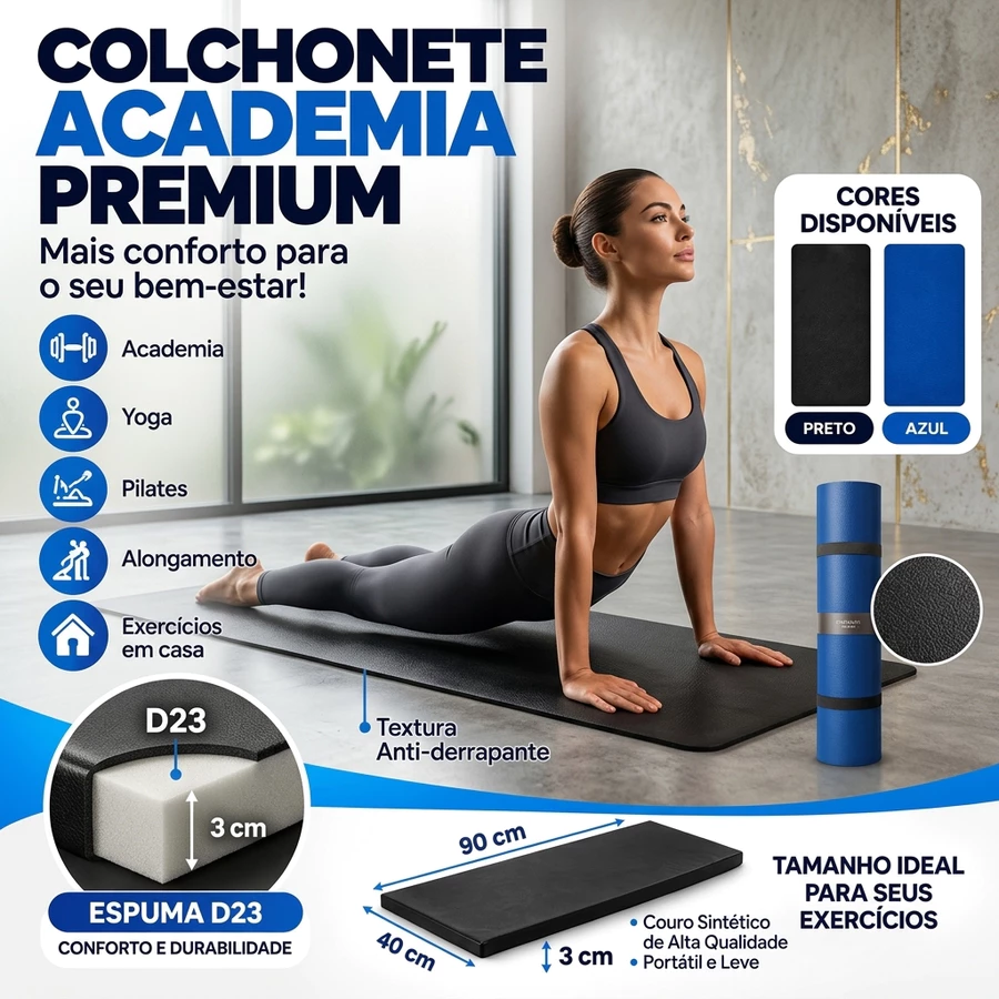 Colchonete Academia Espuma D23 Napa Impermeavel 90x40x3cm Yoga Pilates Treino