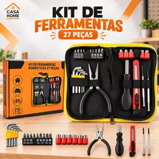 Kit Doméstico de Ferramentas 27 Peças com Estojo Portátil Alicate Chaves Allen Bits Soquetes Chave de Fenda e Estilete