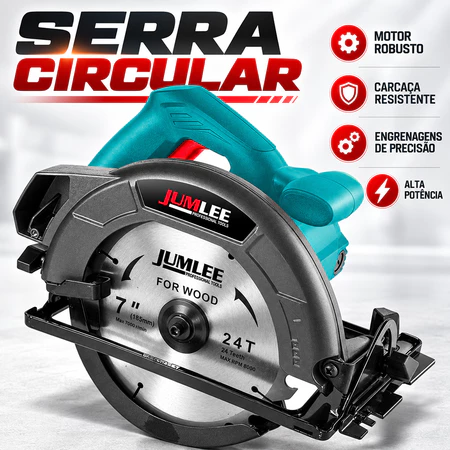 Serra Circular Elétrica 7 Polegadas 110V 185mm 1200W 5500RPM Corte Madeira Ajuste 45° Guia Paralelo JUMLEE