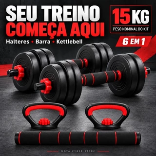 Kit Halteres 15kg Ajustável 6 Em 1 Barra Anilhas Kettlebell