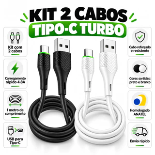 Kit 2 Cabos USB Tipo C Reforçado Carregamento Rápido 1 Metro Resistente Turbo
