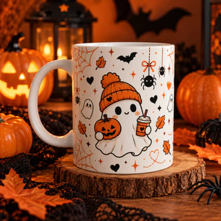 Caneca Halloween Fantasminha com Abóbora | Xicara de Cerâmica 325ML | Presente Temático e Criativo