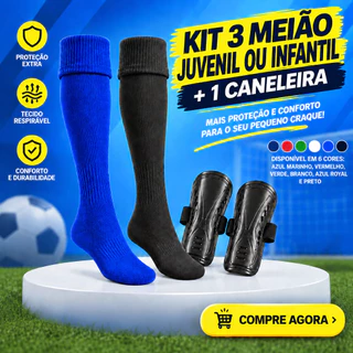 Kit 3 Meião + 1 Caneleira De Futebol Esportivo Juvenil e Infantil Longo Esporte 24 ao 36