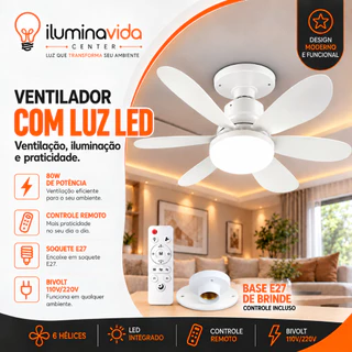 Ventilador de Teto com Luz LED 80W 42cm 6 Hélices Controle Remoto Bivolt E27 Branco