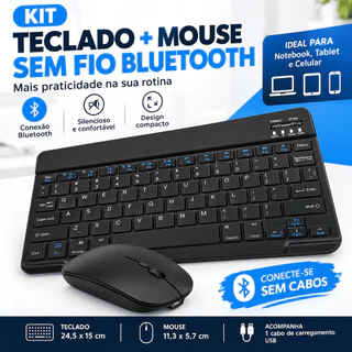 Kit Teclado e Mouse Bluetooth Sem Fio Preto para Notebook Tablet e Celular