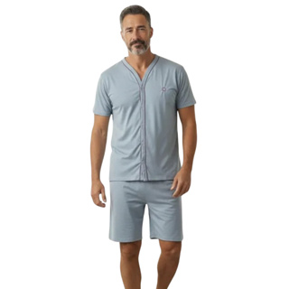 Pijama Masculino com Botões Pós Cirúrgico Manga Curta Bermuda Malha Conforto em Oferta na Shopee