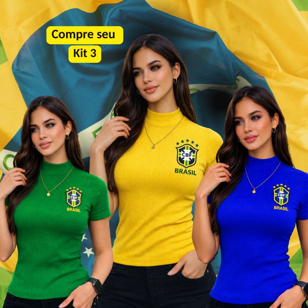 Kit 3 Blusas Feminina Cores Brasil Copa Gola Alta Canelada Manga Curta Elegante Confortável em Oferta na Shopee