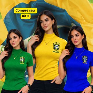 Kit 3 Blusas Feminina Cores Brasil Copa Gola Alta Canelada Manga Curta Elegante Confortável em Oferta na Shopee